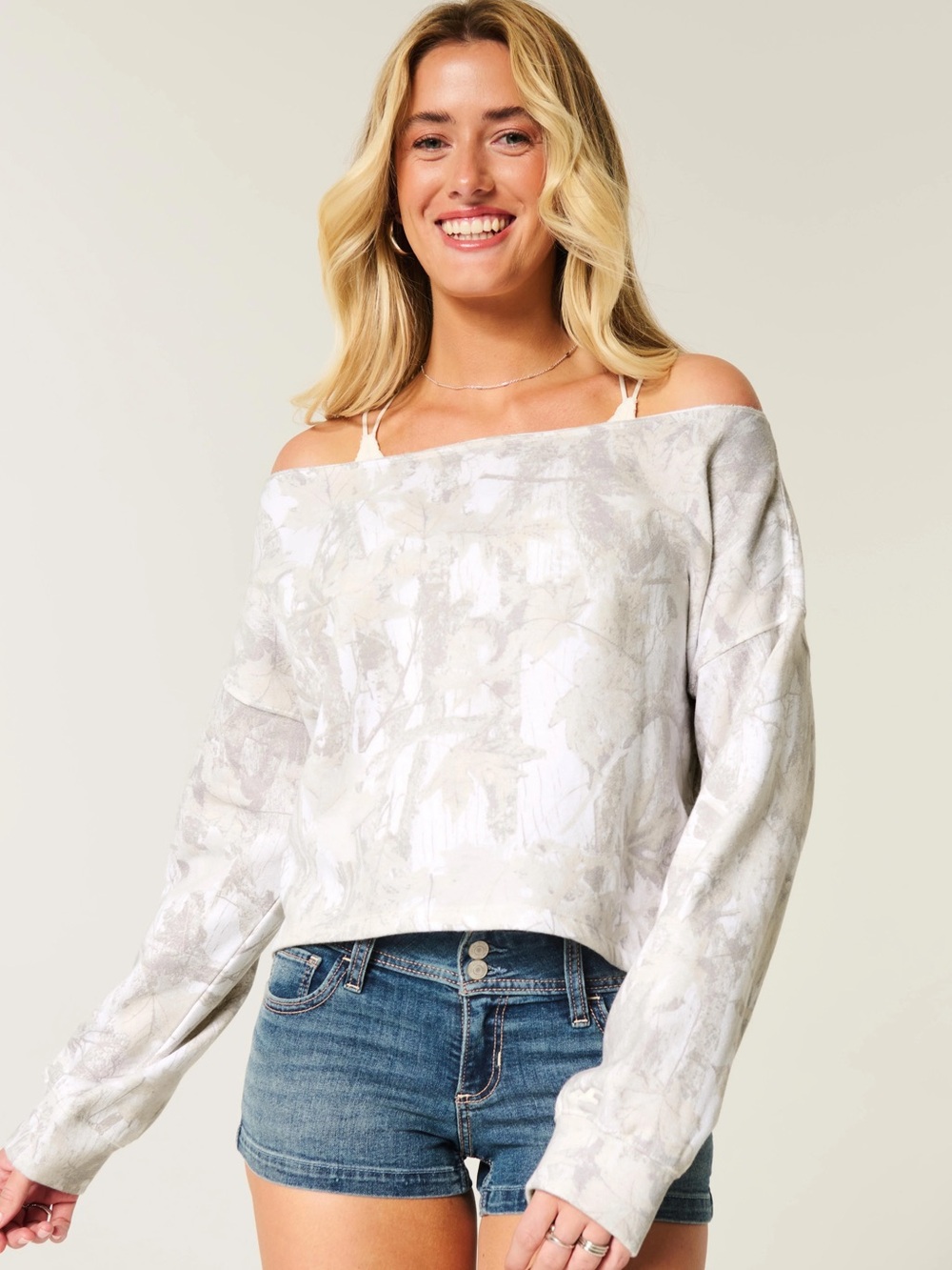 Hollister Women's White Easy Double Off-the-shoulder Camo Sweatshirt